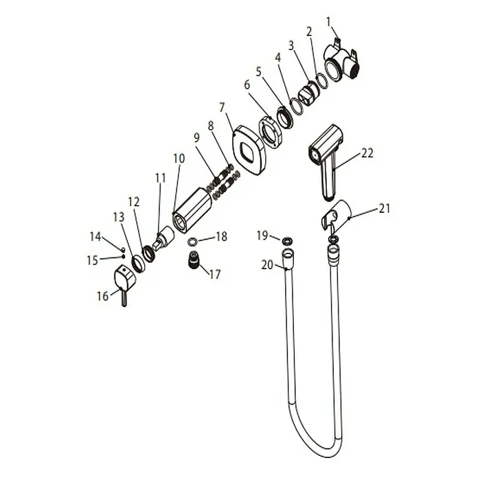 Camargue Bolonia Ducha higiénica inodoro - Black gun, Acero inoxidable - Diagrama de vista explosionada de un sistema de grifo o ducha, que muestra componentes individuales como manijas, válvulas y una manguera con cabezal.