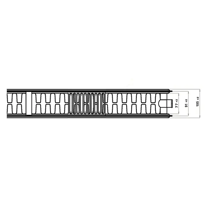 Flachheizkörper - B x H: 500 x 500 mm, Wärmeleistung bei Vorlauftemperatur von 75 °C (D: 50): 713 W, Typ Heizkörper: 22 - Produktbild: Schemazeichnung eines Dämmprofils mit Maßangaben. Das Profil ist länglich und hat eine wabenartige Struktur.