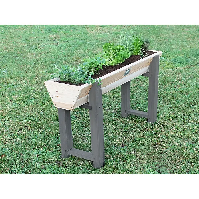 Exit Aksent Hochbeet - 115 x 28 x 60 cm, Holz, Grau - Hochbeet aus Naturholz mit grauen Beinen, gefüllt mit frischen Kräutern.