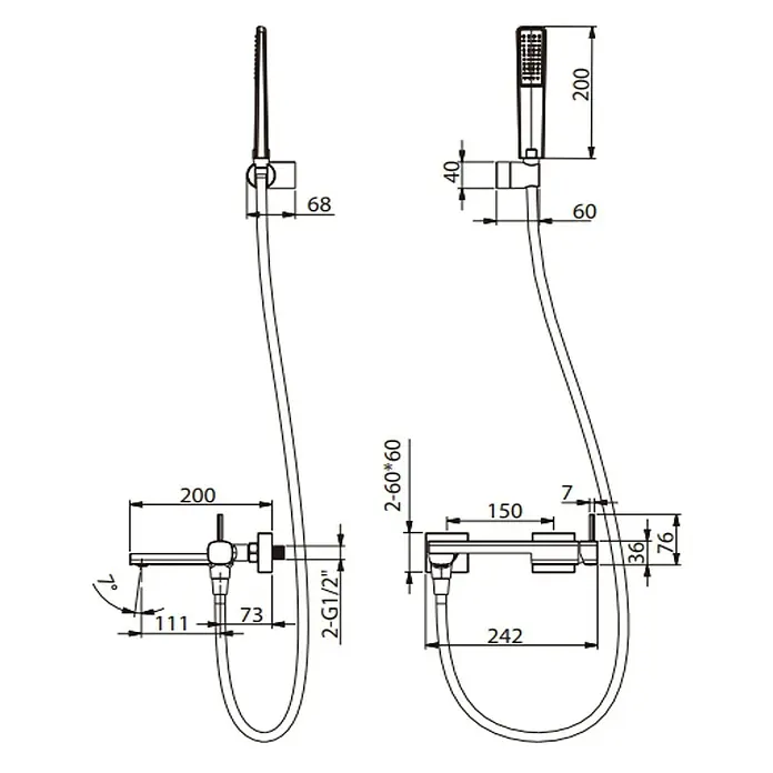 Camargue Bolonia Grifo monomando de bañera / ducha - Cromo, Brillante - Dibujo técnico de un mezclador de ducha con teleducha, flexo y soporte de pared, con dimensiones.