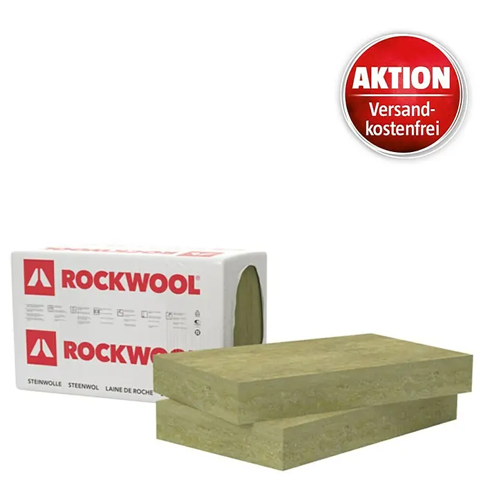 Rockwool Steinwolle Tegarock - Stärke: 140 mm, Wärmeleitfähigkeit: 0,035 W/(mK) - Rockwool Steinwolle-Dämmung, verpackt und als beigegrüne Platten, mit rotem Aktionsbanner 'Versandkostenfrei'.