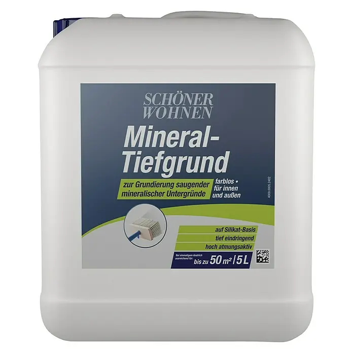 SCHÖNER WOHNEN-Farbe Tiefengrund Mineral-Tiefgrund - 5 l - Produktbild eines 5-Liter-Kanisters Schönen Wohnen Mineral-Tiefgrund, farblos, für saugende mineralische Untergründe im Innen- und Außenbereich.