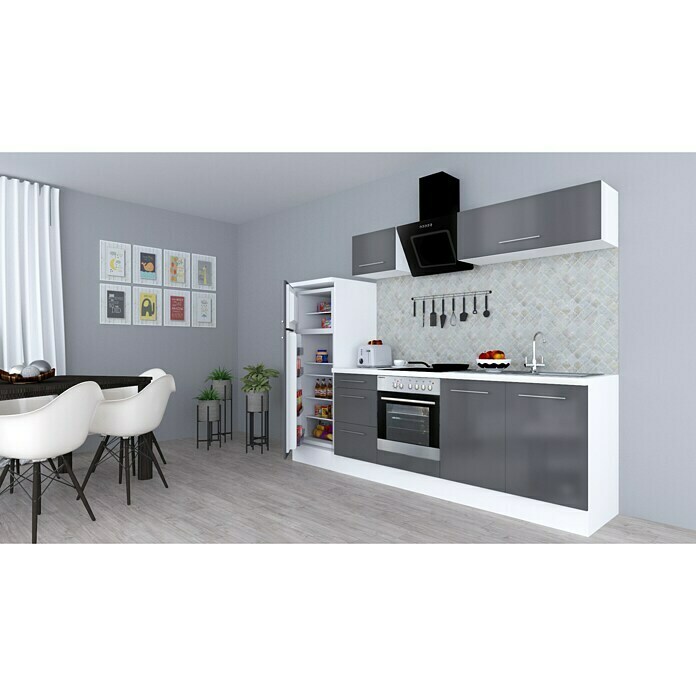 Respekta Premium Composición de cocina (Ancho: 270 cm, Con dispositivos eléctricos, Gris de alto brillo)