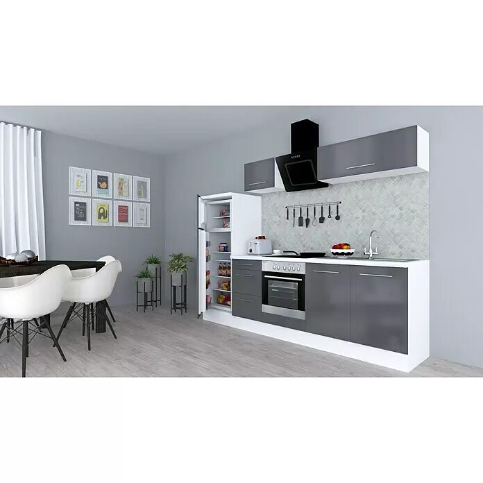 Respekta Premium Composición de cocina Amanda Alto - Ancho: 270 cm, Blanco/Gris, Con electrodomésticos - Cocina moderna gris y blanca con electrodomésticos integrados, nevera abierta y zona de comedor cercana.