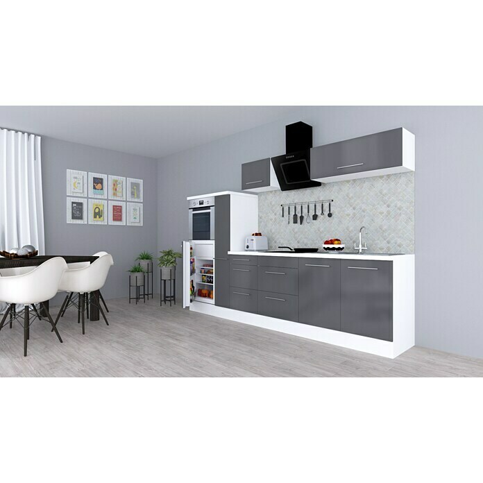 Respekta Premium Composición de cocina (Ancho: 300 cm, Con dispositivos eléctricos, Gris de alto brillo)