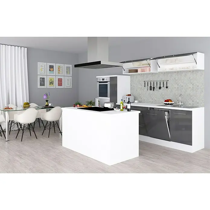 Respekta Premium Cocina de isla Amanda - Ancho: 310 cm, Blanco/Gris, Con electrodomésticos - Cocina moderna con isla, armarios blancos y mesa de comedor con sillas, creando un espacio luminoso y acogedor.