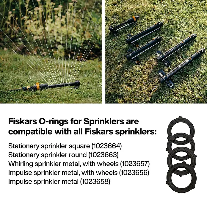 Fiskars Dichtring - Kunststoff - Schwarze Fiskars O-Ringe für Sprinkler, mit kompatiblen schwarzen oszillierenden Sprinklern, einer in Aktion Wasser sprühend.
