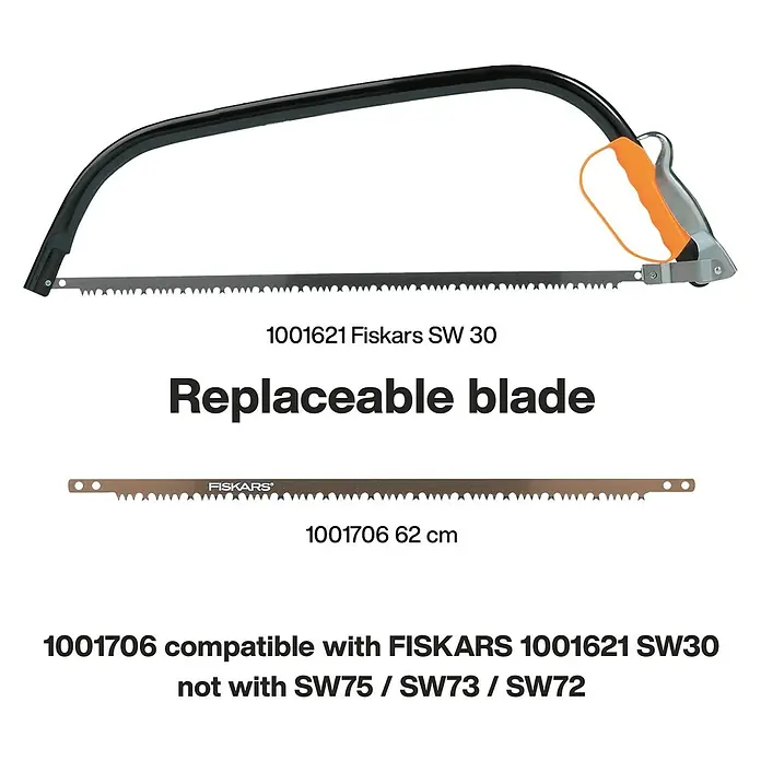 Fiskars Bügelsäge SW30 - L x H: 625 x 19 mm - Schwarze Fiskars Bügelsäge mit orangefarbenem Griff und separatem Ersatzsägeblatt.
