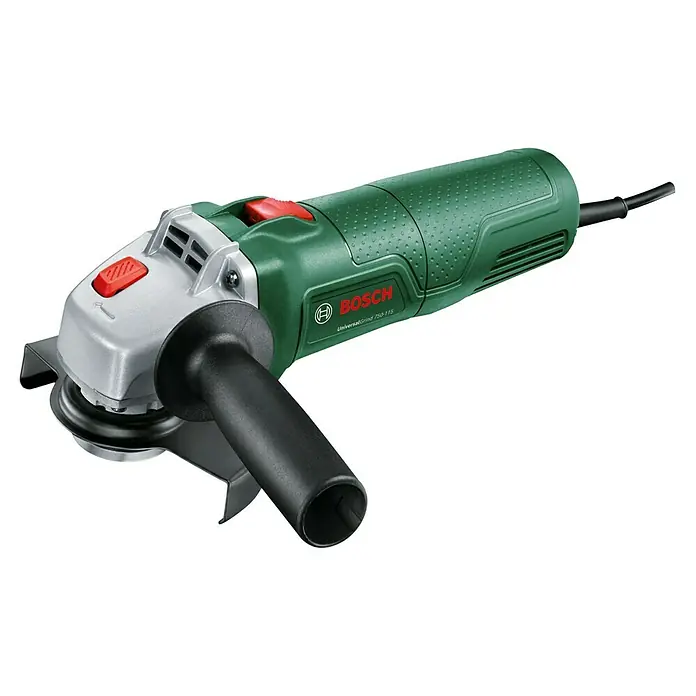 Bosch Universal Elektro-Winkelschleifer UNIVERSALGRIND 750-115 - 750 W, Durchmesser Scheibe: 115 mm, 12.000 U/min - Grüner Bosch Winkelschleifer mit silbernem Kopf, roten Knöpfen und schwarzem Zusatzhandgriff, Netzkabel und Schleifschutz.