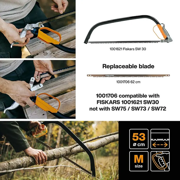 Fiskars Bügelsäge SW30 - L x H: 625 x 19 mm - Fiskars SW30 Astsäge mit schwarzem Rahmen und orangem Griff, gezeigt mit 62 cm Wechselblatt und beim Sägen eines Baumstamms.