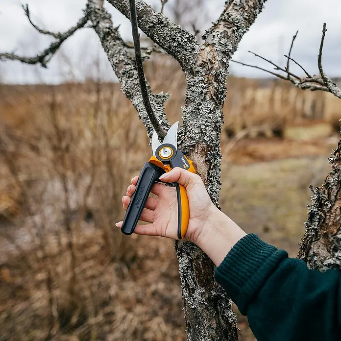 Fiskars X-series Gartenschere - Bypass, Max. Aststärke: 24 mm - Eine Hand hält eine schwarz-orange Gartenschere und schneidet einen Ast.