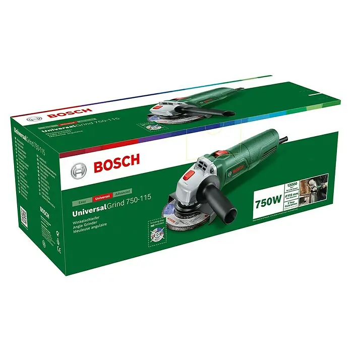 Bosch Universal Elektro-Winkelschleifer UNIVERSALGRIND 750-115 - 750 W, Durchmesser Scheibe: 115 mm, 12.000 U/min - Bosch UniversalGrind 750-115 Winkelschleifer (grün/grau) auf grüner Produktverpackung, mit wichtigen technischen Daten.