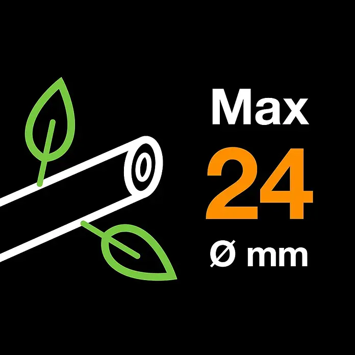 Fiskars X-series Gartenschere - Bypass, Max. Aststärke: 24 mm - Grafik zur max. Schnittstärke: weißer Ast mit grünen Blättern und „Max 24 Ø mm“ Schriftzug.
