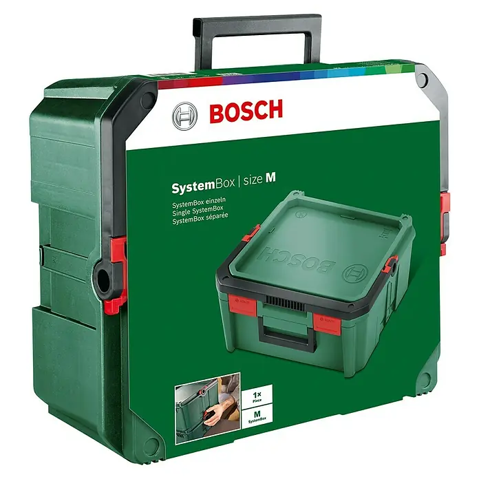 Bosch Systemkoffer M - L x B x H: 343 x 391 x 171 mm - Grüne Bosch SystemBox M, ein einzelner modularer Werkzeug- oder Aufbewahrungskoffer mit Griff zum Organisieren und Transportieren von Werkzeugen.