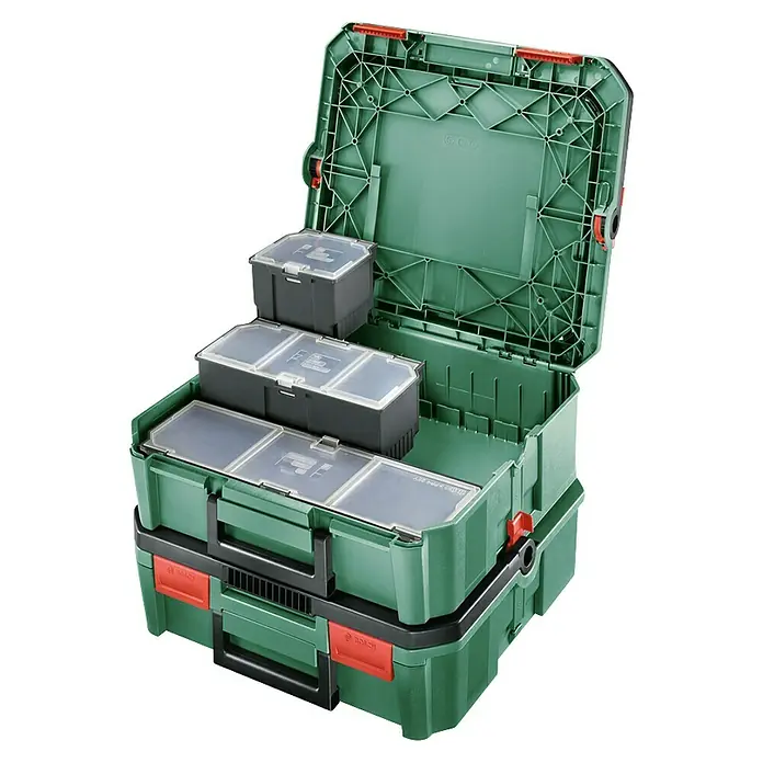 Bosch Systemkoffer M - L x B x H: 343 x 391 x 171 mm - Grüner, modularer Kunststoff-Werkzeugkasten mit offener Oberseite und stapelbaren grauen Organizer-Boxen mit Klarsichtdeckeln.
