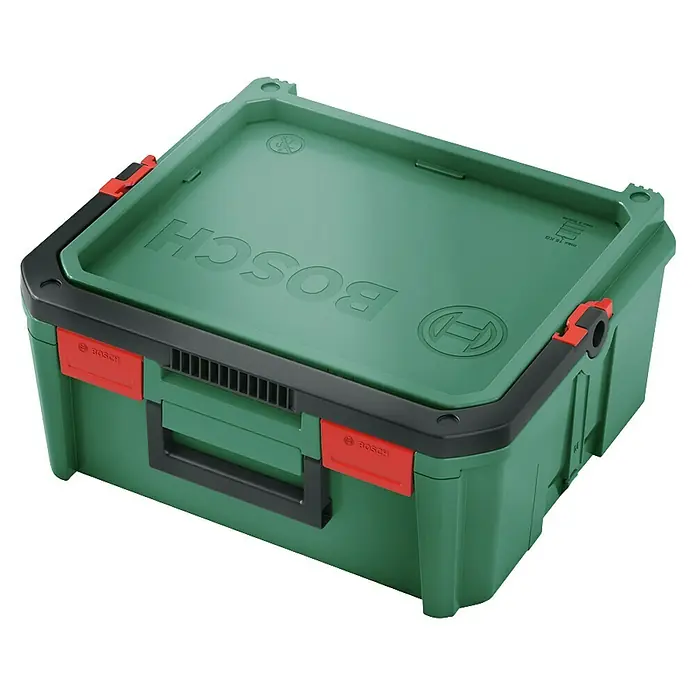 Bosch Systemkoffer M - L x B x H: 343 x 391 x 171 mm - Stapelbare grüne Bosch Aufbewahrungsbox mit schwarzem Rand und roten Verschlüssen.