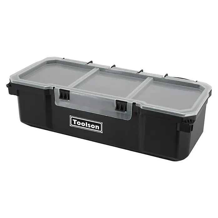 Toolson PRO-Case Gaveta - Negro, ABS Pro, Específico para: Sistema Toolson Pro-Case - Caja de herramientas negra con tapa translúcida, tres compartimentos y cierres negros. Lleva un logo 'Toolson'.