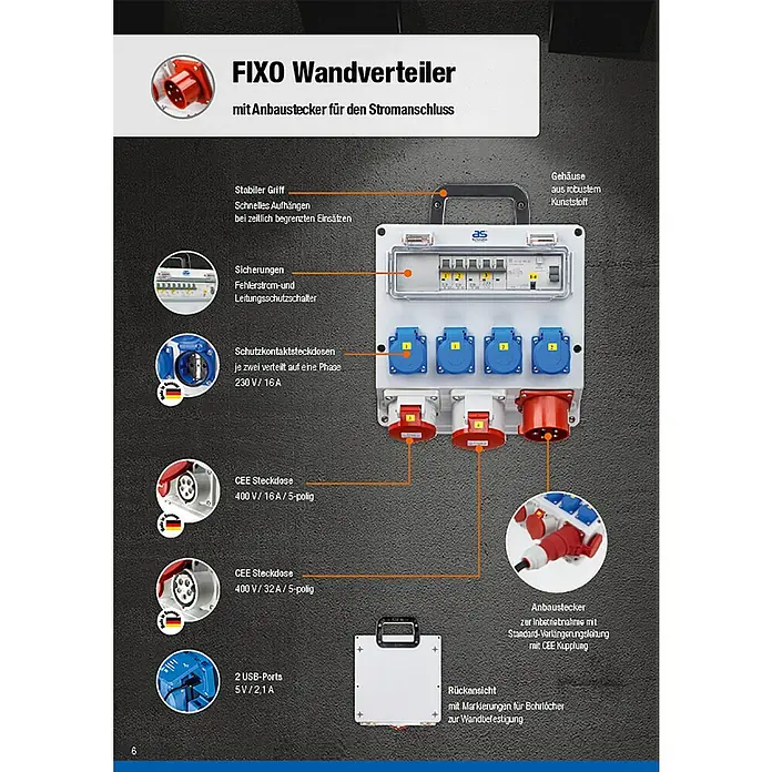 as-schwabe Baustromverteiler Wandverteiler FIXO 2 MAX - Anzahl CEE-Steckdosen: 3 Stk., Anzahl Steckdosen Schuko: 6 Stk., IP44
