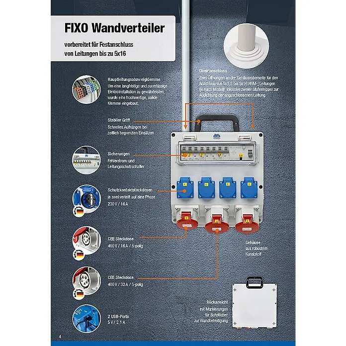 as-schwabe Baustromverteiler Wandverteiler FIXO 13D MAX - Anzahl CEE-Steckdosen: 4 Stk., Anzahl Steckdosen Schuko: 6 Stk., IP44