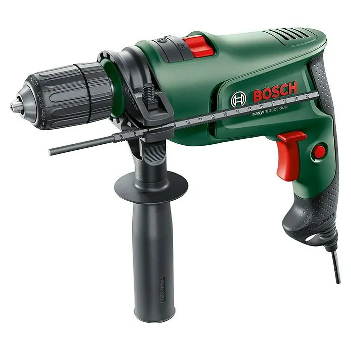 Bosch Schlagbohrmaschine EASYIMPACT 600 - 600 W - Grüne und schwarze Bosch EasyImpact 600 Schlagbohrmaschine mit Zusatzhandgriff und Tiefenanschlag.