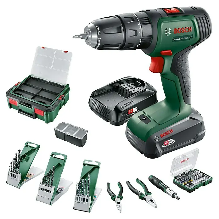 Bosch Power for All 18V Akku-Schlagbohrschrauber Universal Impact 18V - 18 V, 2 Akkus, 1,5 Ah - 2,5 Ah, 34 Nm - Bosch Akku-Schlagbohrmaschine, zwei Akkus, Bohrer- und Schrauberbit-Sets, Zangen und grüne/schwarze Organizerbox.