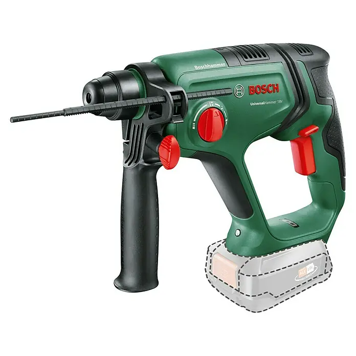 Bosch Power for All 18V Akku-Kombihammer UniversalHammer 18V - 18 V, Ohne Akku, 2 J, Mit Schnellspannbohrfutter - Grüner, schwarzer Bosch UniversalHammer 18V Akku-Bohrhammer mit roten Akzenten und Tiefenanschlag.