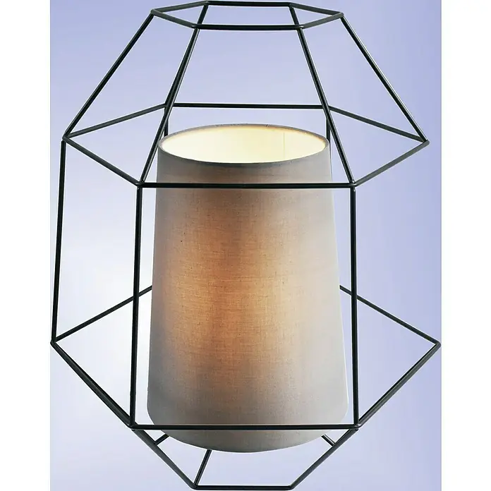 Tween Light Tischleuchte Sovana - 40 W, Grau/Schwarz - Nahaufnahme einer modernen Hängelampe mit geometrischem Metallrahmen und zylindrischem Lampenschirm, die ein warmes Licht ausstrahlt.