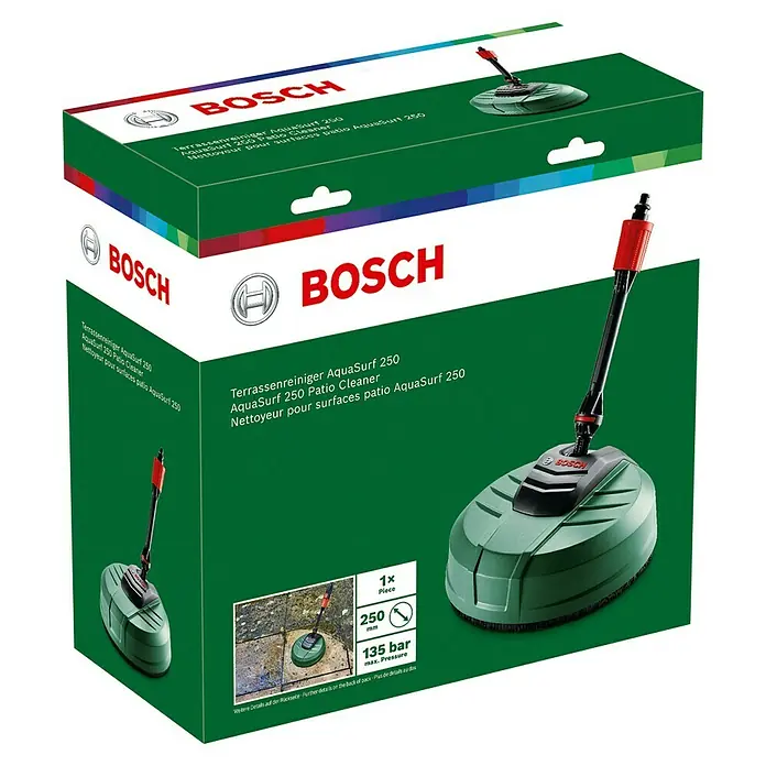 Bosch Terrassenreiniger Aquasurf 250 - Durchmesser: 250 mm, Passend für: Bosch Hochdruckreiniger Aquatak-Serie - Bosch AquaSurf 250 Terrassenreiniger in grün-weißer Verpackung, mit grün-schwarzem Reiniger und Produktdetails.