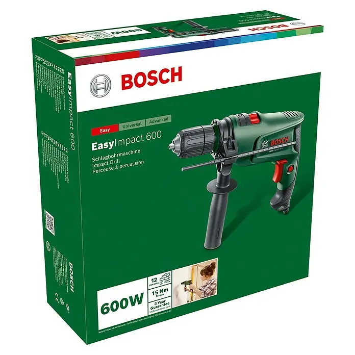 Bosch Schlagbohrmaschine EASYIMPACT 600 - 600 W - Grüne und schwarze Bosch EasyImpact 600 Schlagbohrmaschine auf der Verpackung, mit 600W, 15Nm und 3 Jahren Garantie, eine Frau benutzt sie.