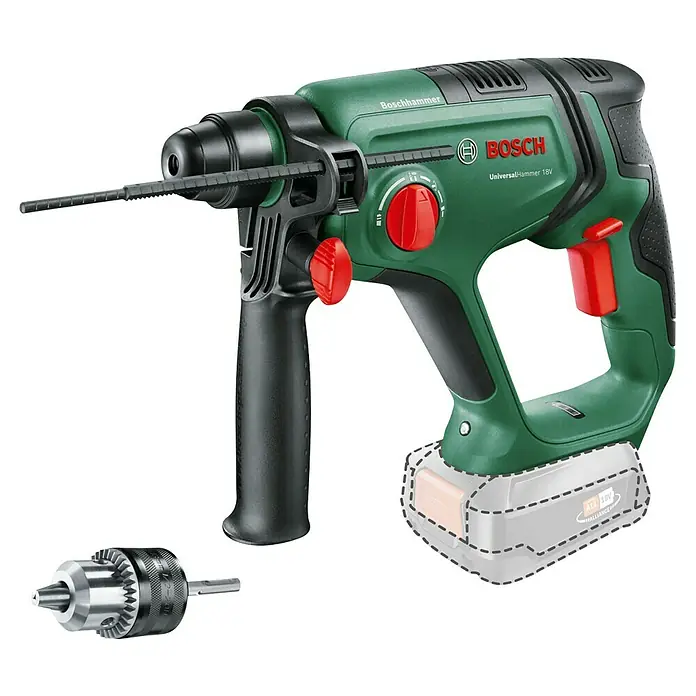 Bosch Power for All 18V Akku-Kombihammer UniversalHammer 18V - 18 V, Ohne Akku, 2 J, Mit Schnellspannbohrfutter - Grüner und schwarzer Bosch UniversalHammer 18V Akku-Bohrhammer mit Zusatzhandgriff, Tiefenanschlag und separatem Bohrfutter.