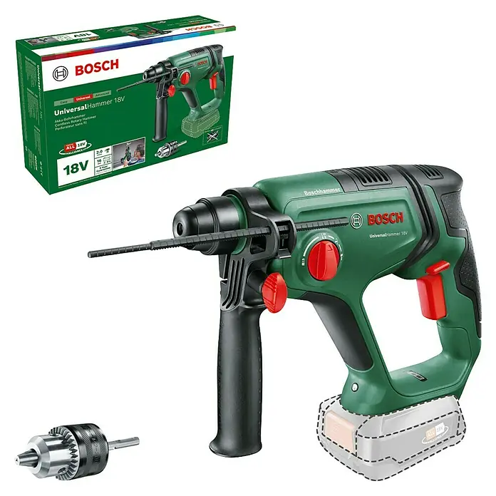 Bosch Power for All 18V Akku-Kombihammer UniversalHammer 18V - 18 V, Ohne Akku, 2 J, Mit Schnellspannbohrfutter - Grüner und schwarzer Bosch UniversalHammer 18V Akku-Bohrhammer mit Box, Bohrfutter und Tiefenanschlag.