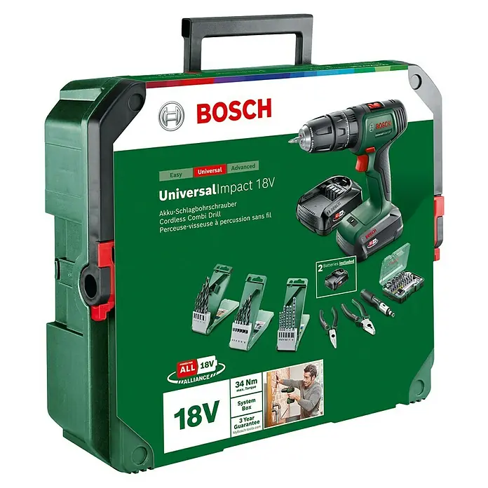 Bosch Power for All 18V Akku-Schlagbohrschrauber Universal Impact 18V - 18 V, 2 Akkus, 1,5 Ah - 2,5 Ah, 34 Nm - Bosch UniversalImpact 18V Akku-Schlagbohrschrauber-Set in grünem Koffer, mit Bohrmaschine, zwei Akkus und Zubehör.
