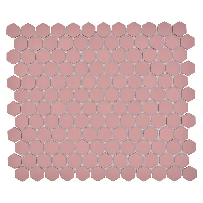 Mosaikfliese Hexagon Uni HX AT24 - 26 x 30 cm, Rot, Matt - Ein quadratisches Mosaikmuster aus rosafarbenen Sechsecken, das ein modernes und stilvolles Design für Badezimmer oder Küchenrückwände bietet.