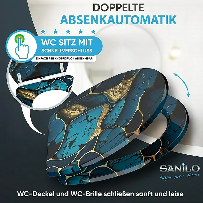 SANILO WC-Sitz Marmor Cobalt mit Schnellverschluss - MDF, Blau, Mit Absenkautomatik