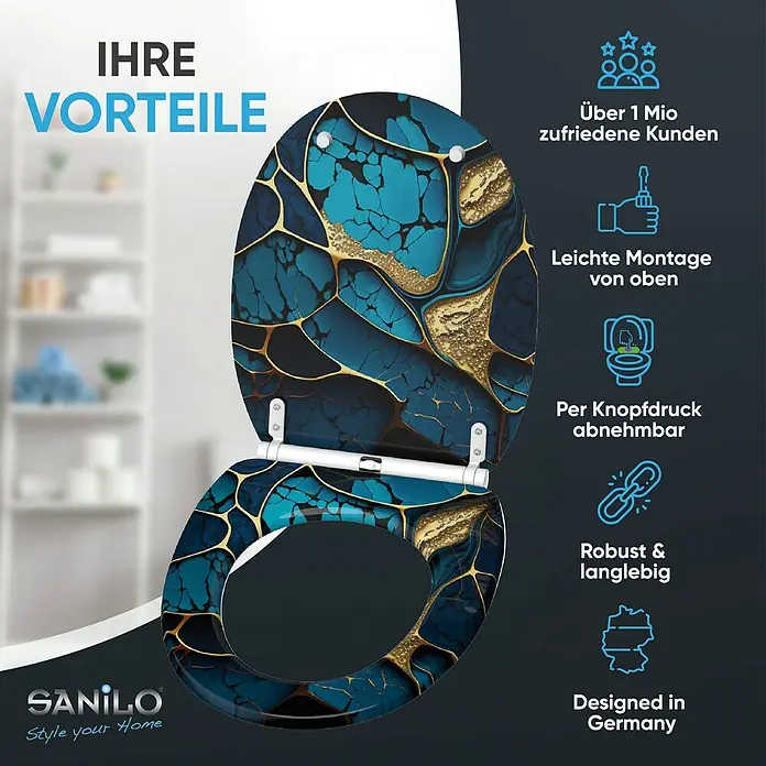 SANILO WC-Sitz Marmor Cobalt mit Schnellverschluss - MDF, Blau, Mit Absenkautomatik