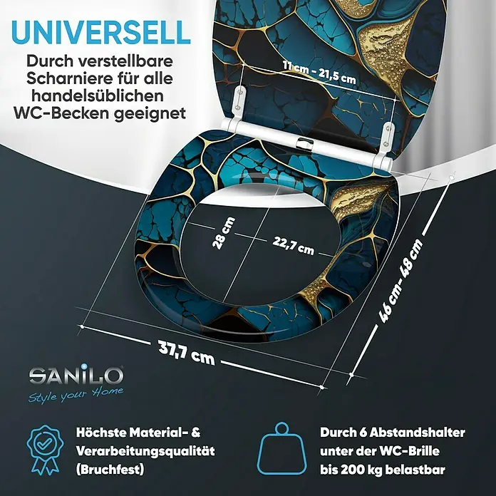 SANILO WC-Sitz Marmor Cobalt mit Schnellverschluss - MDF, Blau, Mit Absenkautomatik