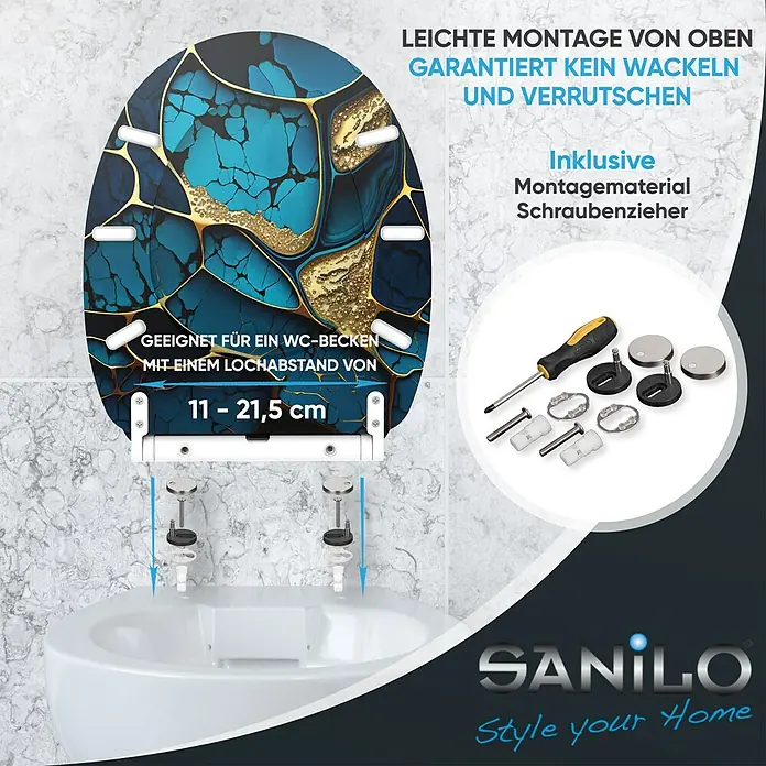 SANILO WC-Sitz Marmor Cobalt mit Schnellverschluss - MDF, Blau, Mit Absenkautomatik
