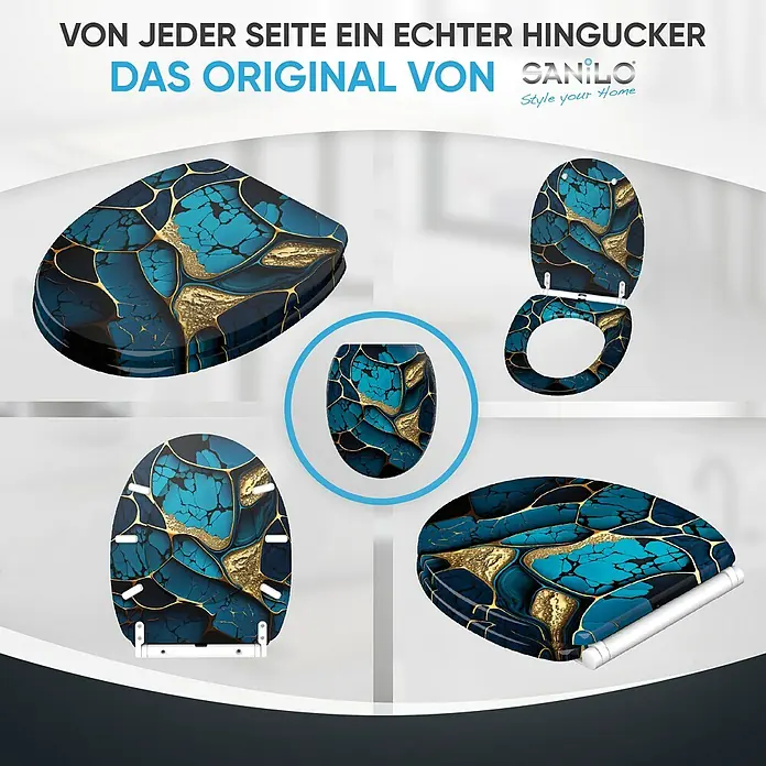 SANILO WC-Sitz Marmor Cobalt mit Schnellverschluss - MDF, Blau, Mit Absenkautomatik