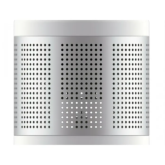 Purline Venty Ventilador de torre - 30 W, Blanco, 105 cm - Dispositivo cilíndrico gris claro con una rejilla metálica perforada plateada.