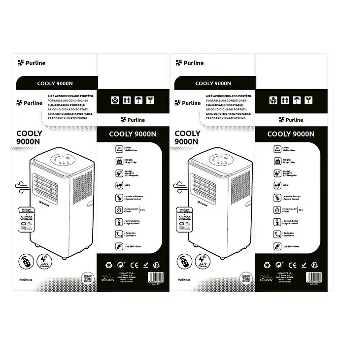 Purline Aire acondicionado portátil Cooly - 2.640 W, Tamaño de la estancia: 20 m², Blanco - Aire acondicionado portátil blanco COOLY 9000N con pantalla digital, control remoto, función de oscilación y kit de ventana.