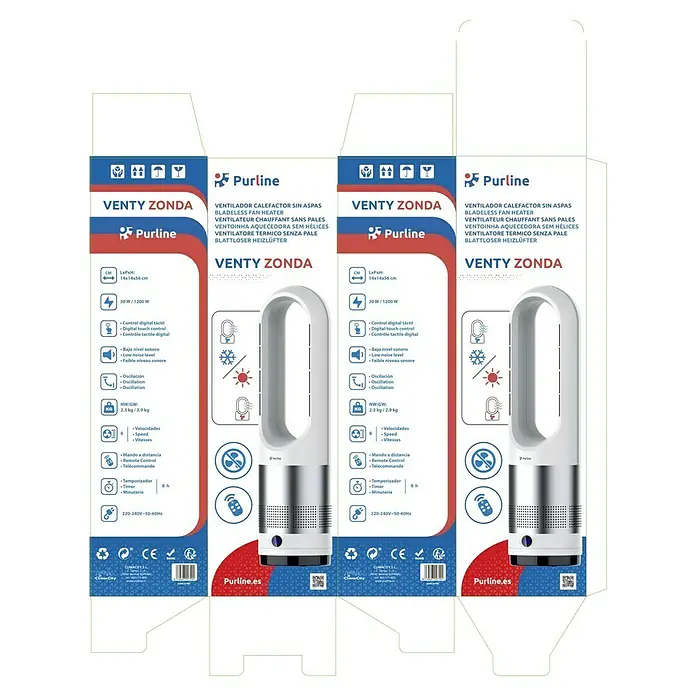 Purline Venty Ventilador de torre Zonda - 30 W - 1.200 W, Blanco, 56 cm - Embalaje de un calefactor sin aspas Purline Venty Zonda blanco y plateado, destacando sus funciones de calefacción y refrigeración.
