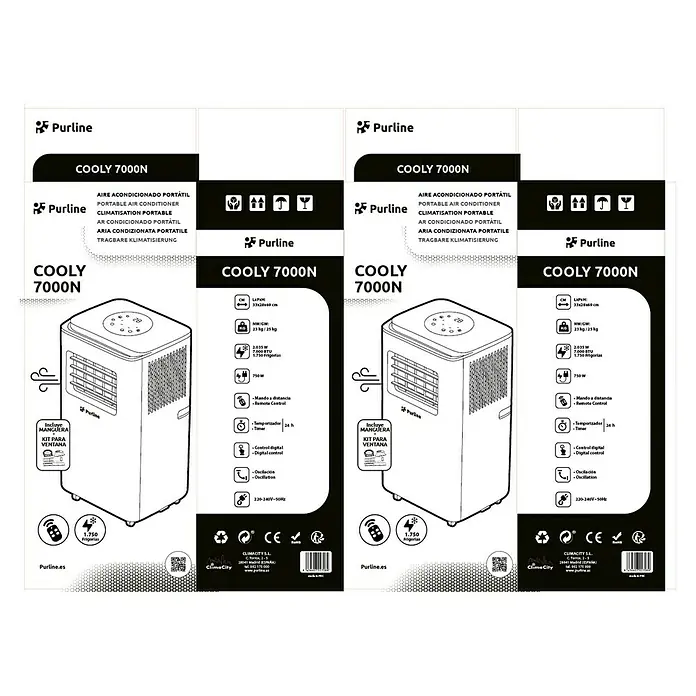 Purline Aire acondicionado portátil Cooly - 2.050 W, Tamaño de la estancia: 15 m², Blanco - Aire acondicionado portátil blanco con mando a distancia y temporizador. Incluye manguera y kit de ventana.