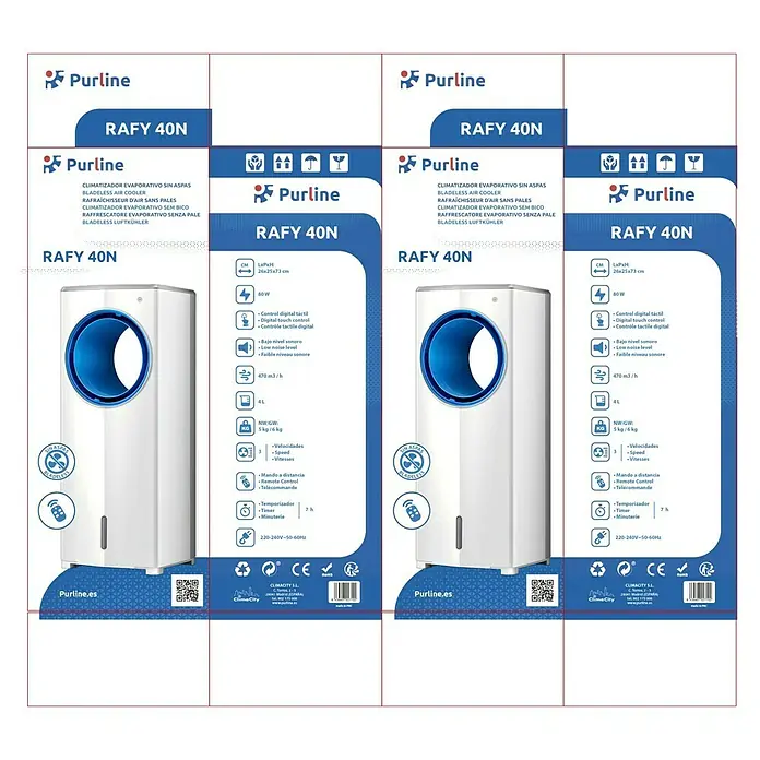 Purline Rafy Climatizador evaporativo 40N - 65 W, Potencia de aire: 470 m³/h, Altura: 73 cm, Blanco - Climatizador evaporativo sin aspas cilíndrico blanco con anillo interior azul.