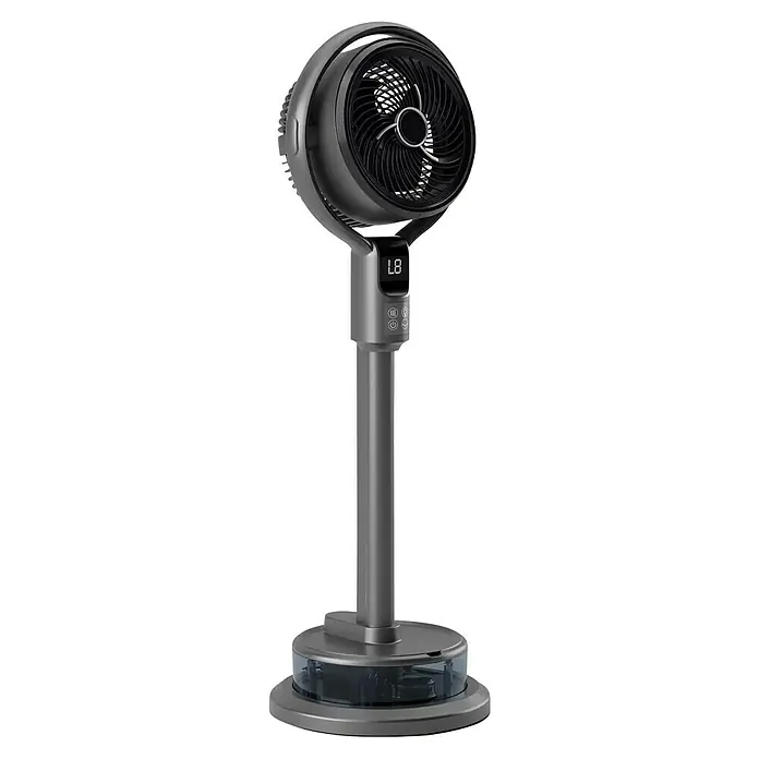 Purline Misty Ventilador de pie Apollo - 50 W, Potencia de aire: 0,2 m³/h, Negro, 98 cm - Un moderno ventilador de pie gris con cabeza circular, pantalla digital 'L8', controles y un depósito de agua visible en la base.