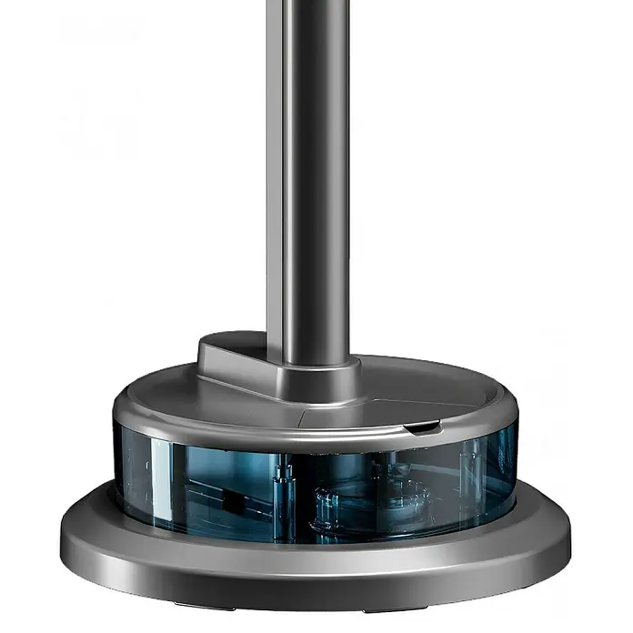 Purline Misty Ventilador de pie Apollo - 50 W, Potencia de aire: 0,2 m³/h, Negro, 98 cm - Base metálica gris de un electrodoméstico con una sección azul transparente que revela componentes internos.