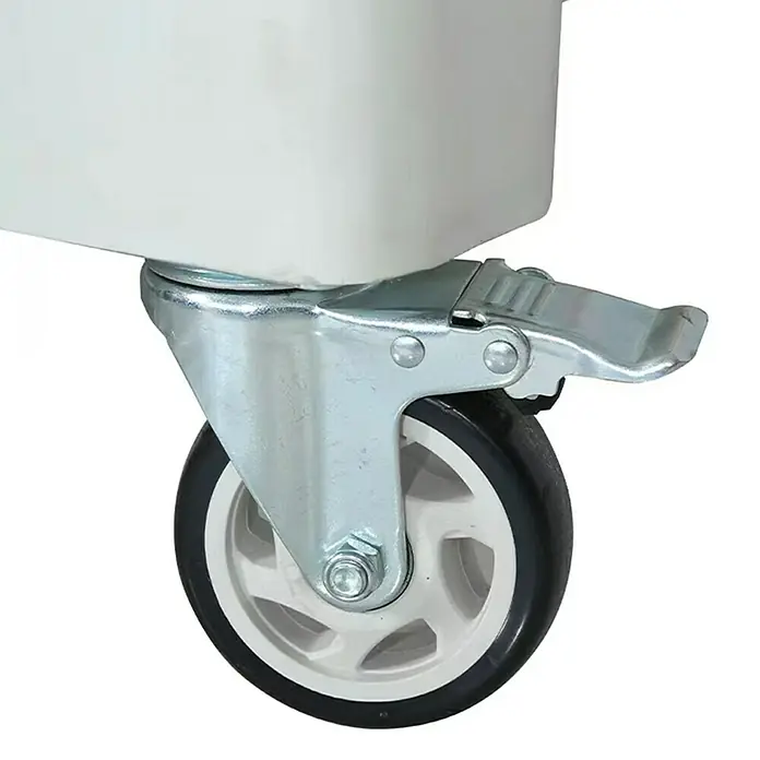 Purline Rafy Climatizador evaporativo 350 - 750 W, Potencia de aire: 22.000 m³/h, Blanco, Altura: 170 cm - Una rueda giratoria metálica con neumático de goma negro, cubo de plástico blanco y palanca de freno superior.
