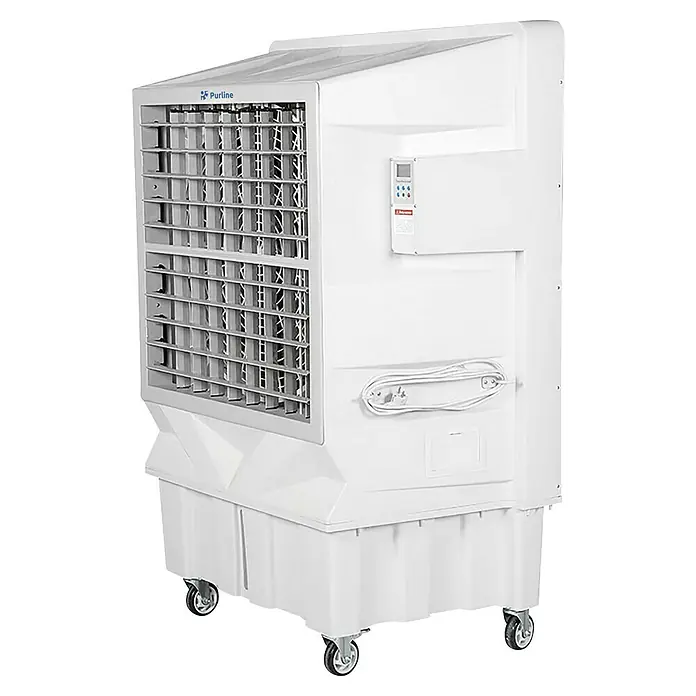 Purline Rafy Climatizador evaporativo 350 - 750 W, Potencia de aire: 22.000 m³/h, Blanco, Altura: 170 cm - Gran enfriador de aire portátil blanco sobre ruedas con rejilla frontal, panel de control y cable enrollado.
