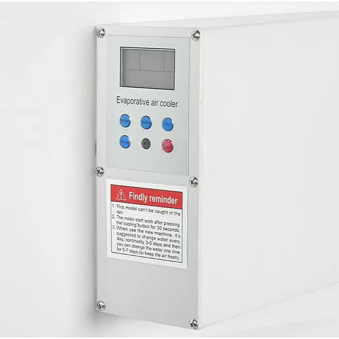 Purline Rafy Climatizador evaporativo 350 - 750 W, Potencia de aire: 22.000 m³/h, Blanco, Altura: 170 cm - Panel de control blanco de enfriador de aire evaporativo con pantalla digital, botones de colores y etiqueta de advertencia.