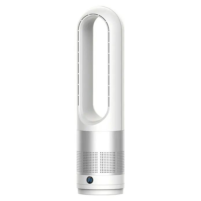 Purline Venty Ventilador de torre Marín - 30 W, Blanco, 56 cm - Purificador de aire sin aspas blanco y plateado con sección superior ovalada alta y base cilíndrica perforada con pantalla digital '08'.