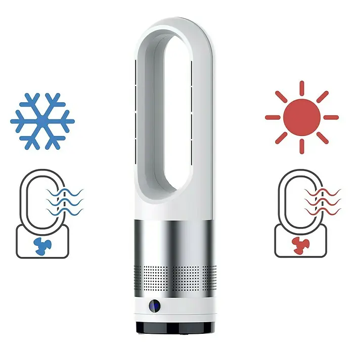 Purline Venty Ventilador de torre Zonda - 30 W - 1.200 W, Blanco, 56 cm - Ventilador de torre sin aspas blanco y plateado, con iconos de refrigeración (copo de nieve, ventilador azul) y calefacción (sol, ventilador rojo).